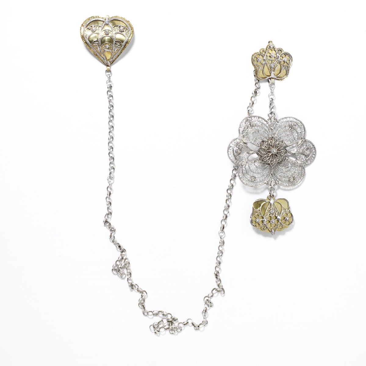 Two decorative silver filigree hooks, one with a pendant rosette, linked by a long chain (Göllerkette), Berne (Switzerland), 1800-70. Victoria & Albert Museum.