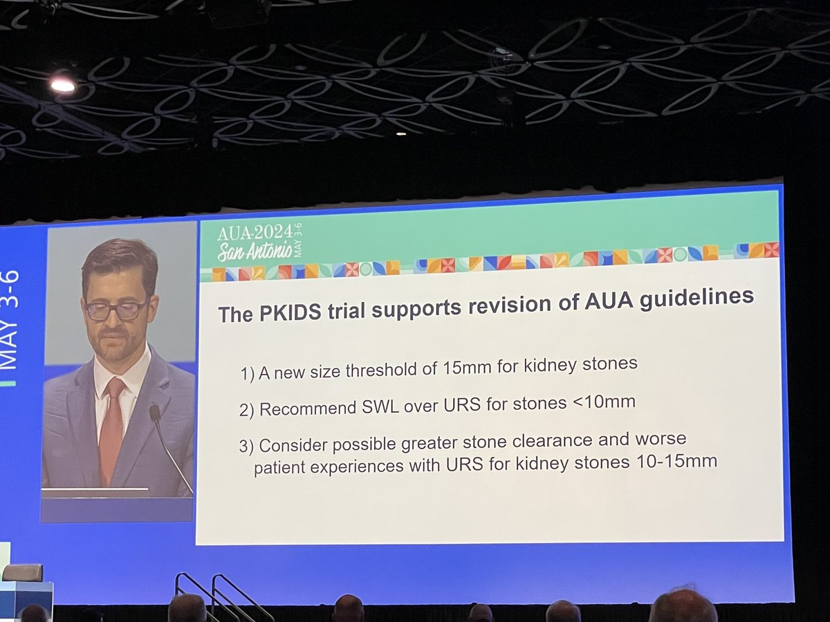 ESWL vs URS in paediatric stones. @GregoryTasian reporting comparative multi centre (n=30) study. Key recommendations to use ESWL over URS for stones <10mm; for 10-15mm URS more effective but worse pt experience. Implications for guidelines ? #AUA24