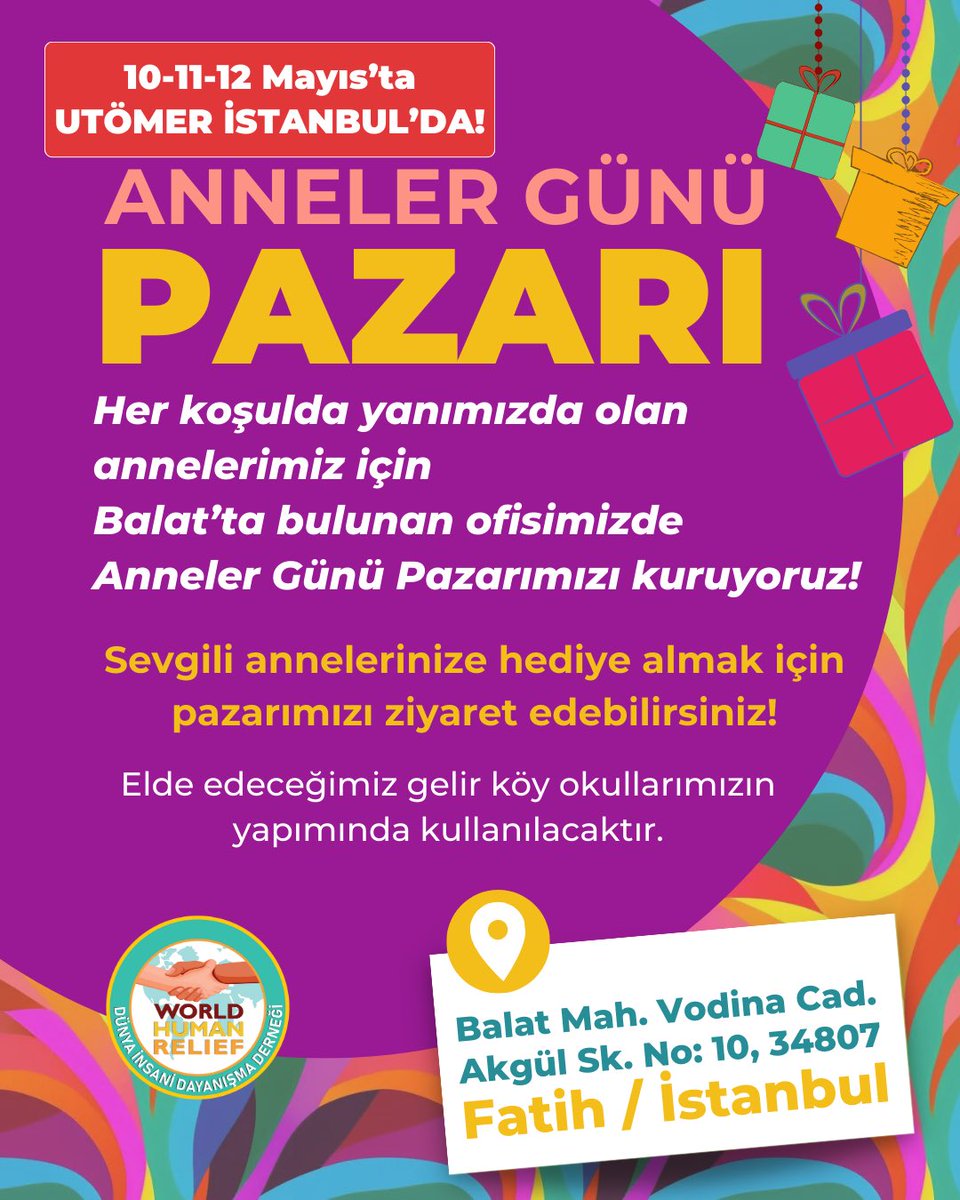 10-11-12 Mayıs’ta UTÖMER İstanbul ofisimizde Anneler Günü Pazarımız kuruluyor! ☀️ Sevgili annelerinize pazarımızdan alacağınız hediyeler ile karanlığı aydınlatabilirsiniz. Pazarımızı ziyaret etmeye hepinizi bekleriz! Elde edeceğimiz gelir köy okullarımızın yapımında