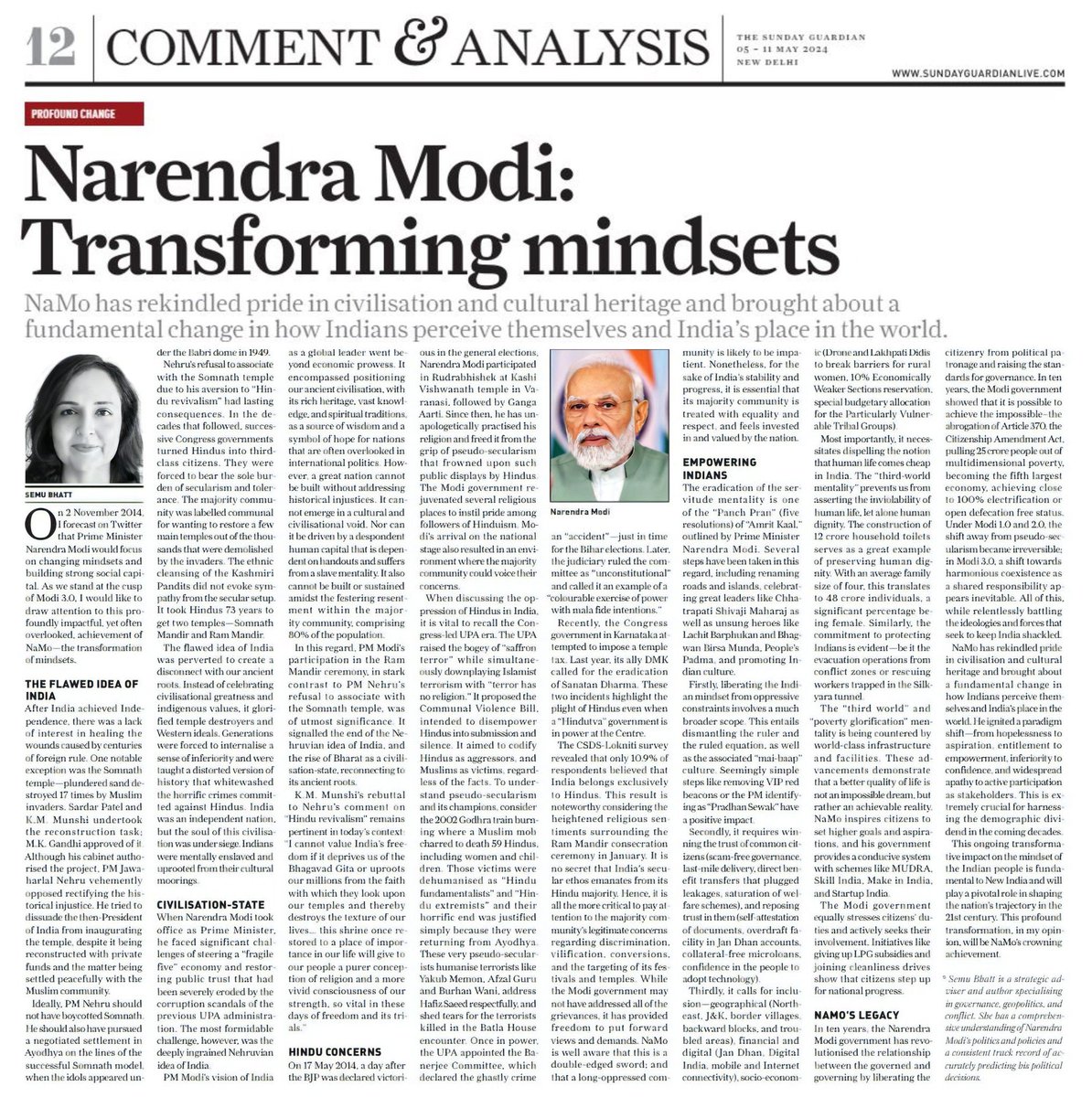 Narendra Modi: Transforming mindsets! A brilliant article on how Hon'ble PM Shri @narendramodi ji has rekindled pride in civilisation and cultural heritage. @semubhatt