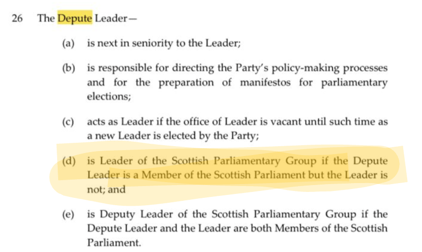 Some suggestion that as Graeme McCormick's not an MSP that John Swinney could still become FM this week. Worth pointing out that under the SNP's constitution if the party leader is not an MSP but the depute is, then the depute becomes the leader of the Holyrood group.