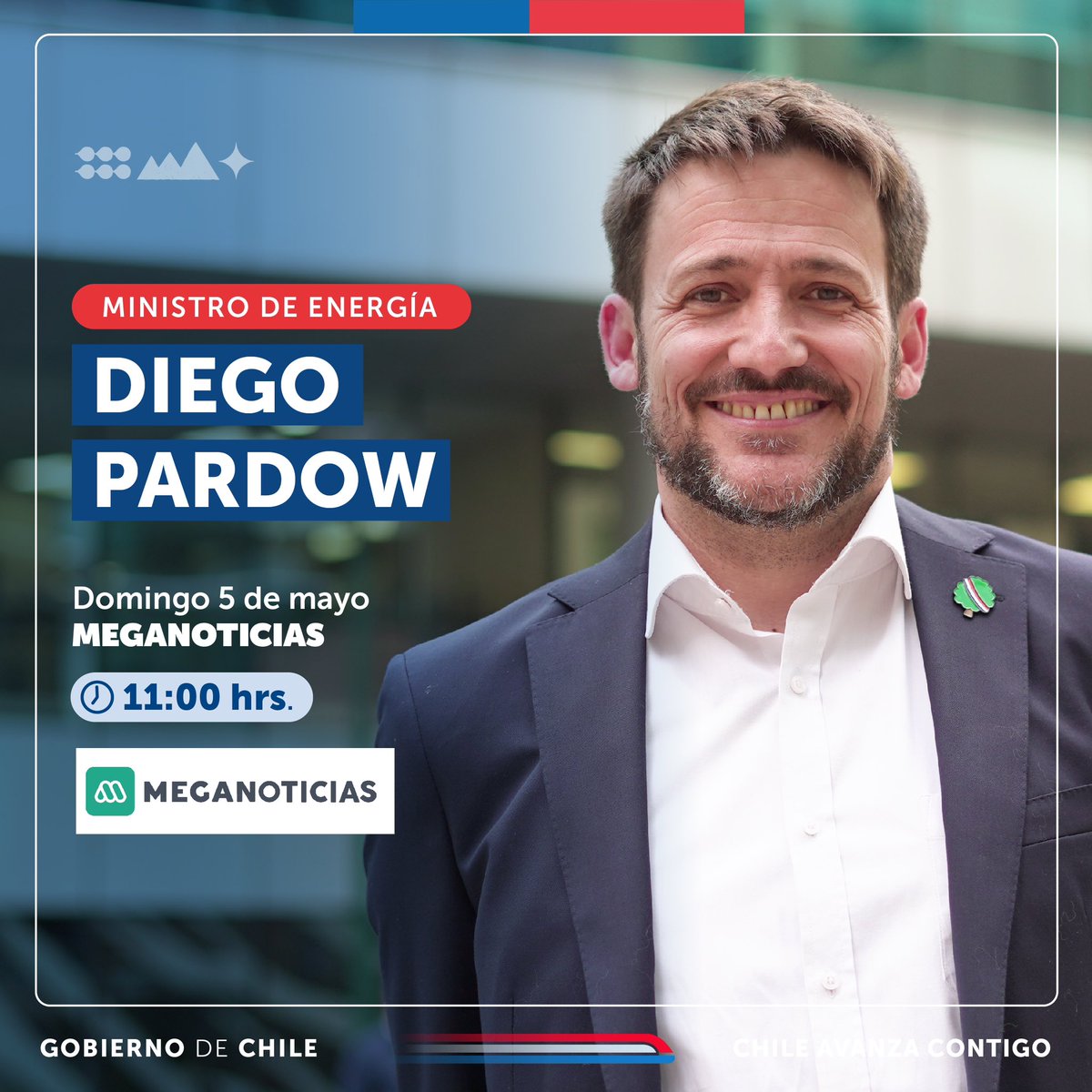 Hoy el ministro @DiegoPardow estará desde las 11:00 horas en @meganoticiascl conversando sobre el #PlanHidrógenoVerde y mucho más. ¡No te lo pierdas! 🍃⚡️