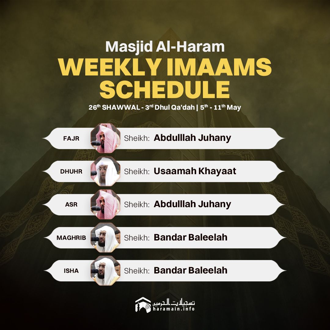 Imaams Schedule at Masjid Al Haram and Masjid An Nabawi
