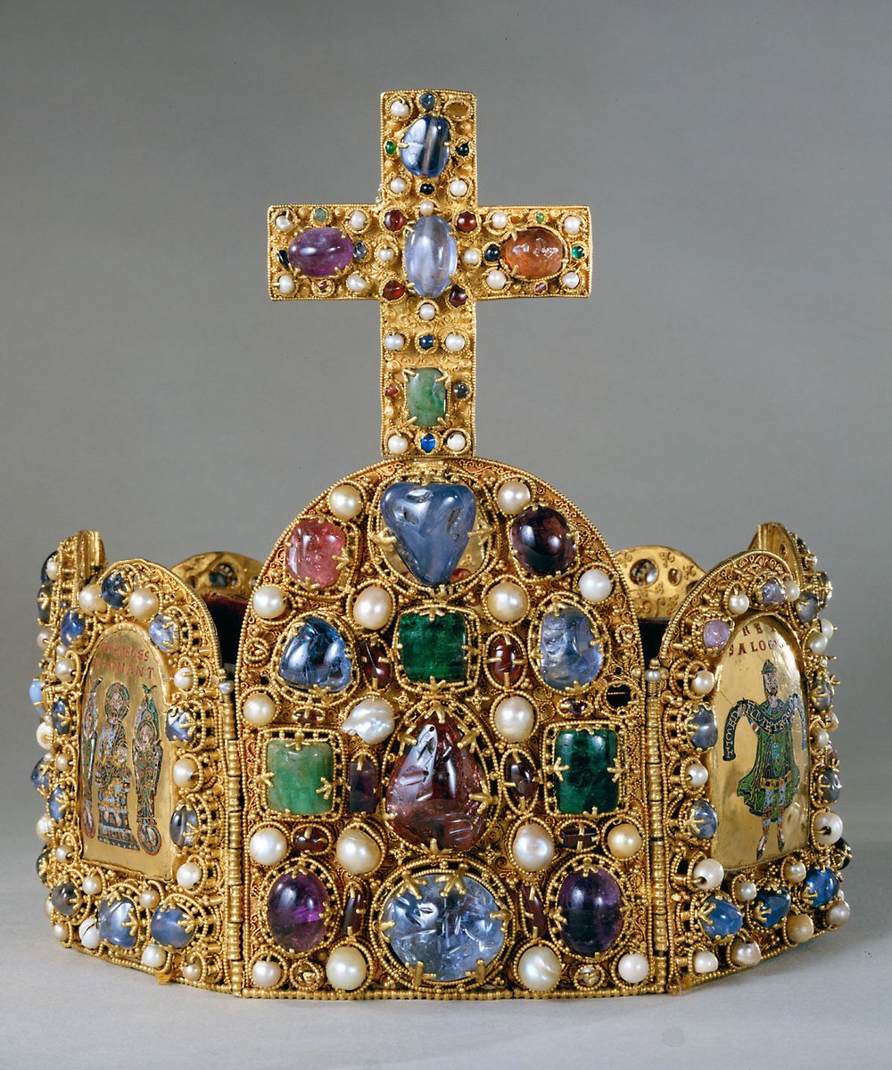 The Imperial Crown. Place of origin: West Germany Date: 2nd half of the 10th century; Crown cross addition of the early 11th century Medium: Gold, enamel, gemstones, pearls.