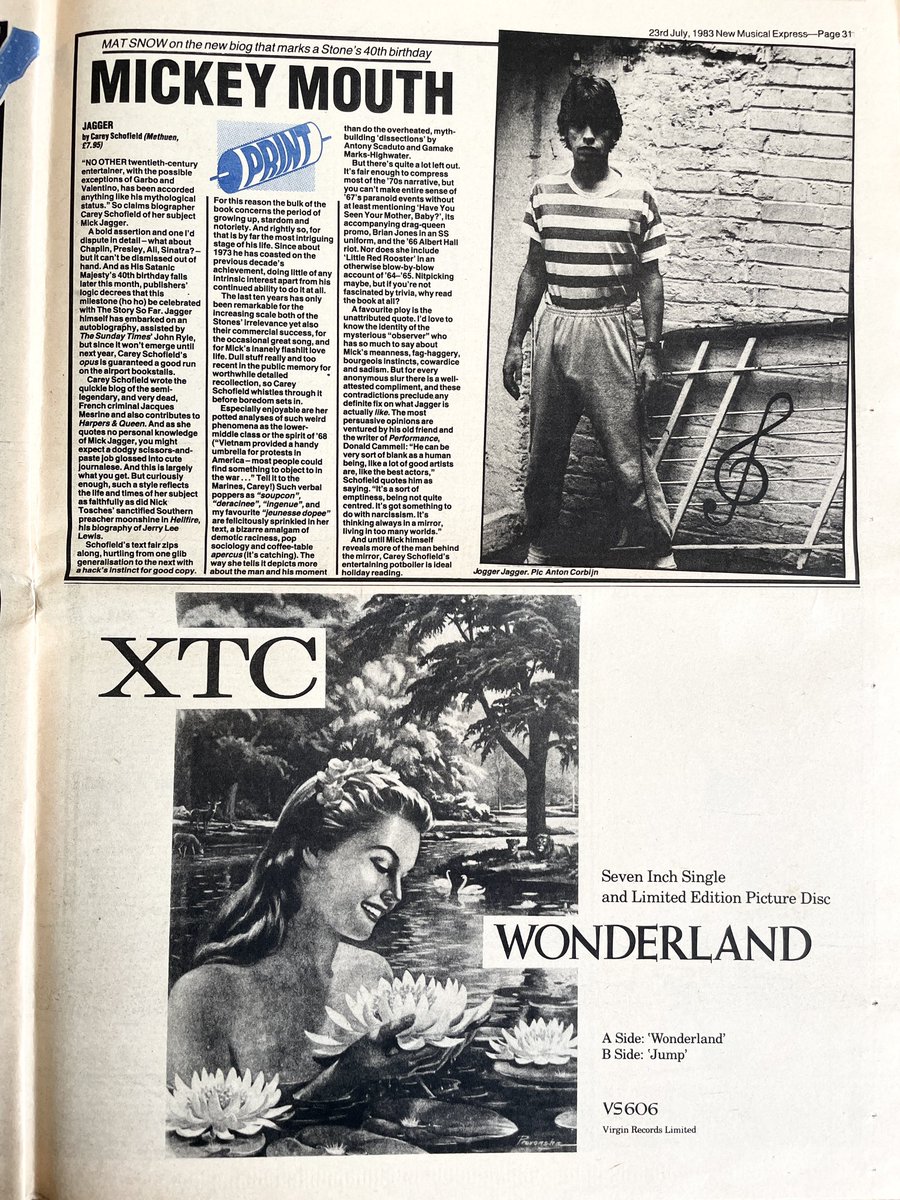 Carey Schofield book on Mick Jagger, reviewed by Mat Snow. Pic by Anton Corbijn.
And an XTC advert.
New Musical Express, 23 July 1983.