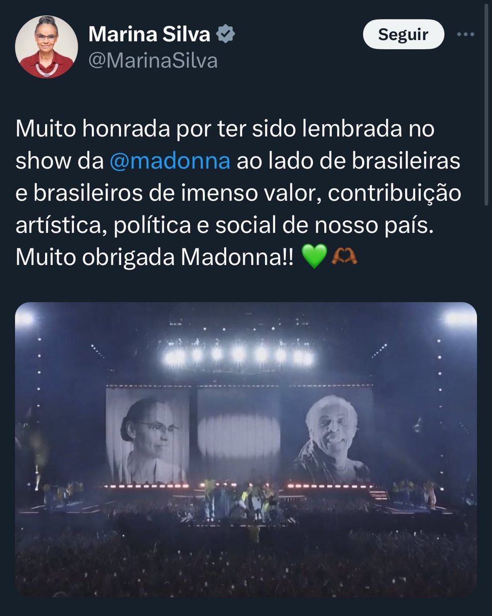Esta é a ministra do governo Lula que se diz evangélica, sentindo-se lisonjeada e agradecida por ter sido lembrada em show de pornografia explícita ao “lado de brasileiras e brasileiros de imenso valor” ? Respeitável Ministra @marinasilva, poderia esclarecer qual é a…