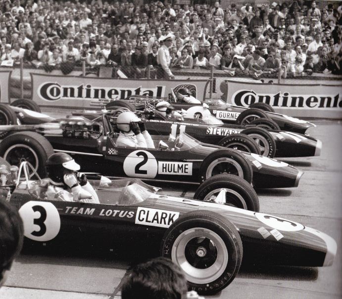 THE RACERS, PART V.
1967 German Grand Prix, Nurburgring: Jim Clark (No. 3 Lotus 49 Ford Cosworth DFV V8); Denny Hulme (No. 2 Brabham B24 Repco V8); Jackie Stewart (No. 11 BRM P115 H16) and Dan Gurney (No. 9 AAR Eagle T1G Weslake V12). 
READ ON: autoextremist.com/fumes1/