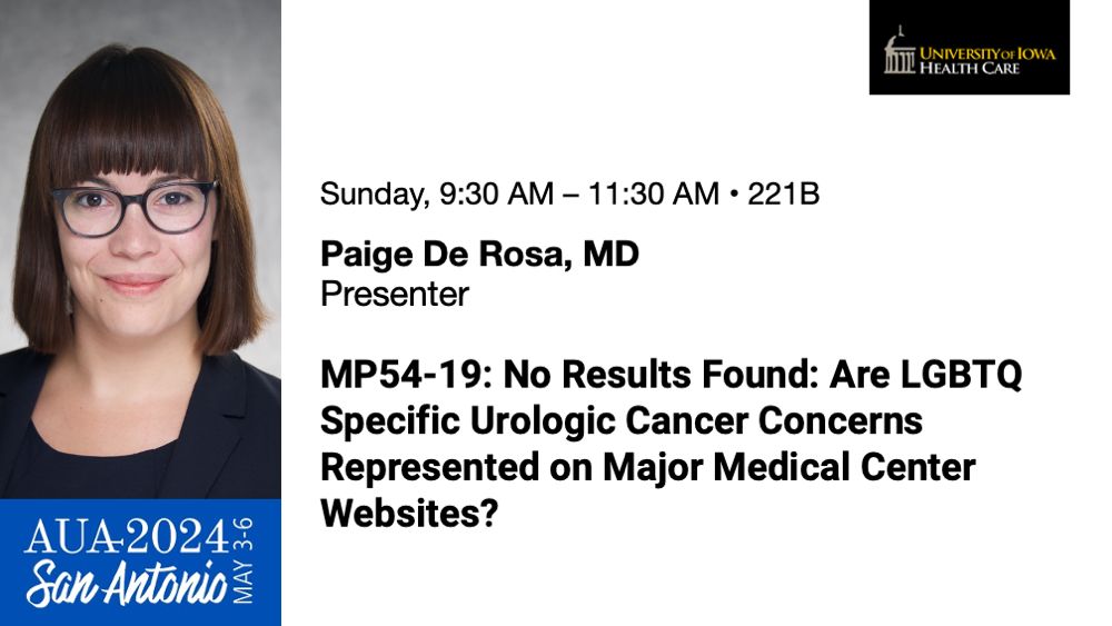 Resident physician @PaigeDeRosa presents during this morning’s “Diversity, Equity & Inclusion: Increasing Representation in Urology” poster session. #AUA24 #LGBTHealth #UrologicCancer

Full @UIowa_urology appearance schedule: buff.ly/3UIwRfm