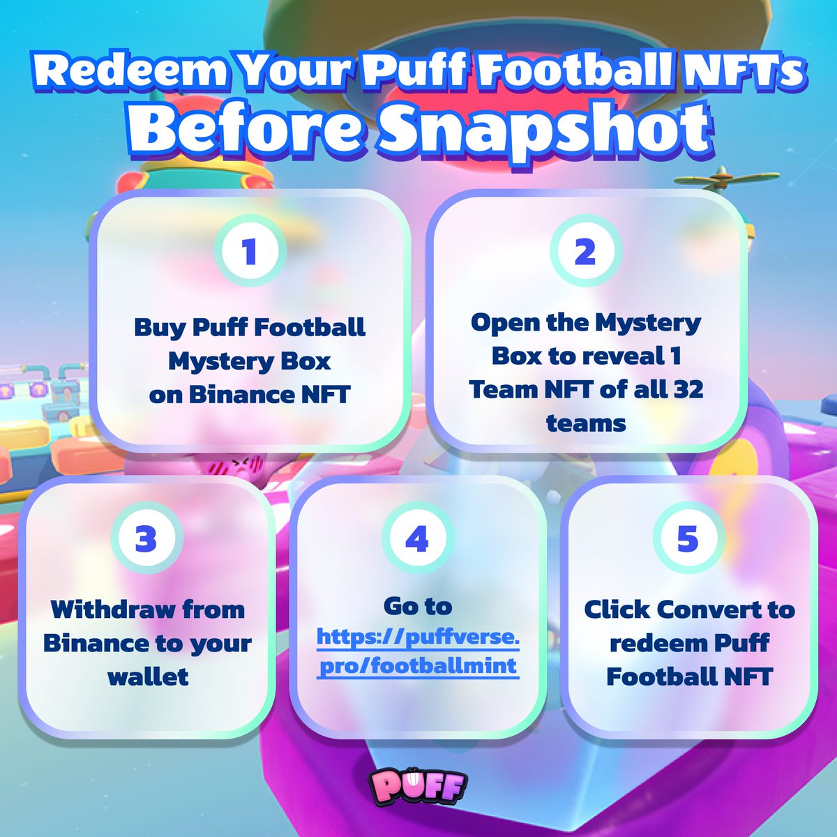 Do u have unredeemed #PuffFootball Mystery Boxes? Convert BEFORE the snapshot on May 6 (RECOMMENDED!!) ➡️ #NFT Migration & airdrop on May 7 🎁 Burn for rewards from May 13 ⚽️ puffverse.pro/footballmint AFTER May 6 🤚 Migrate & airdrop once or twice a week