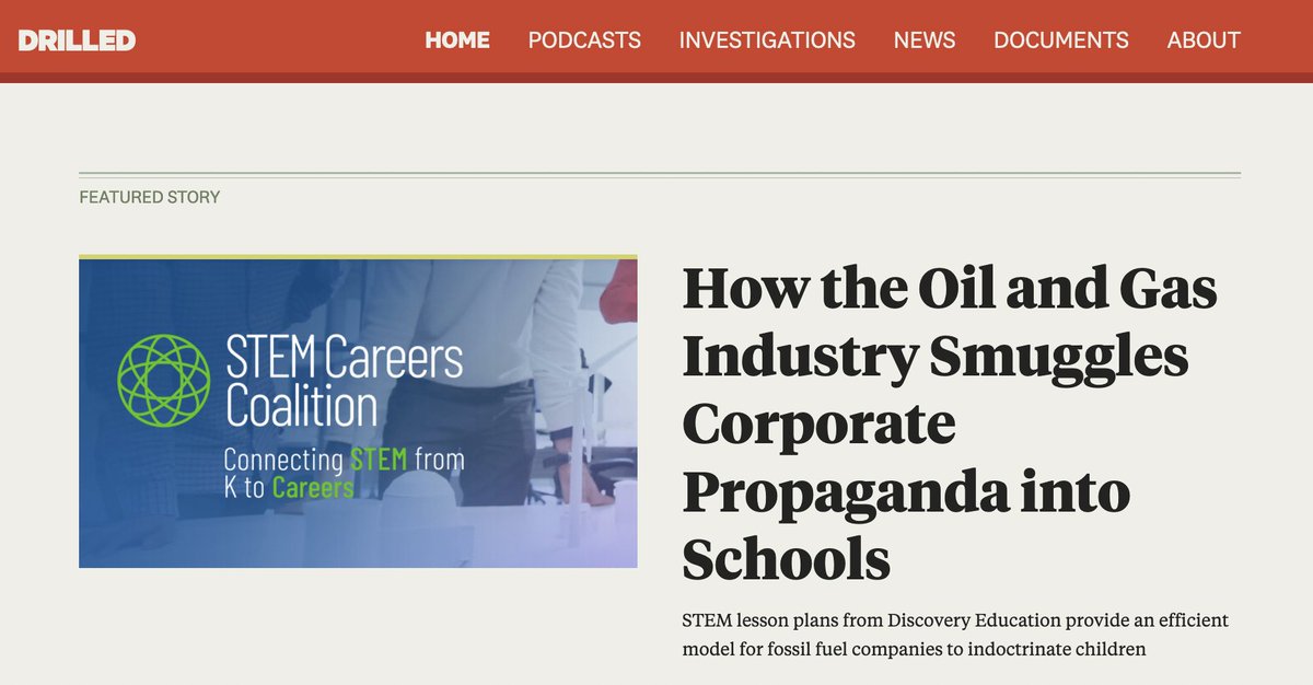 Out now in partnership with @RollingStone and with support from @pulitzercenter, a look at how the oil and gas industry smuggles pro-fossil-fuel propaganda into schools, with help from an unlikely source: Discovery. drilled.media/news/discovery…