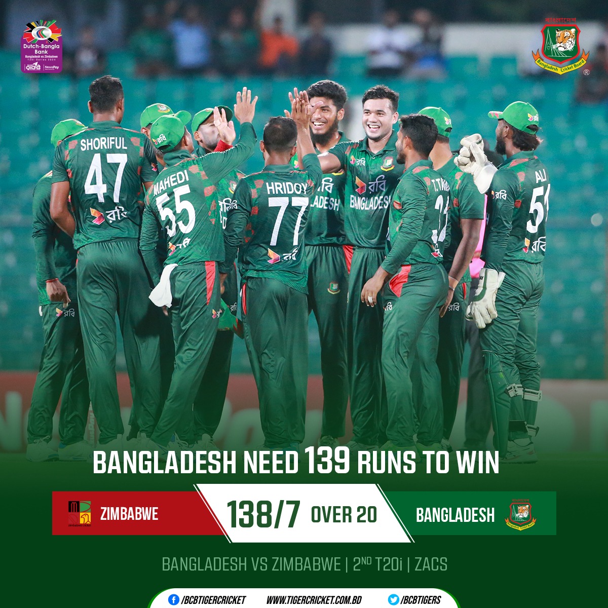 Dutch-Bangla Bank Bangladesh vs Zimbabwe T20i Series 2024 | 2nd T20i 🏏

Bangladesh need 139 runs to win

Details 👉: tigercricket.com.bd/live-score/zim…

#BANvZIM #BCB #Cricket #BDCricket #livecricket #Bangladesh