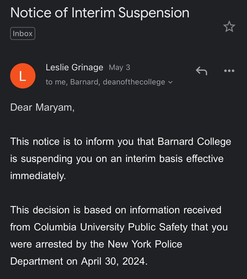 It seems @BarnardCollege cannot tolerate students who are accused of protesting against the genocide in Gaza. Grand tradition?