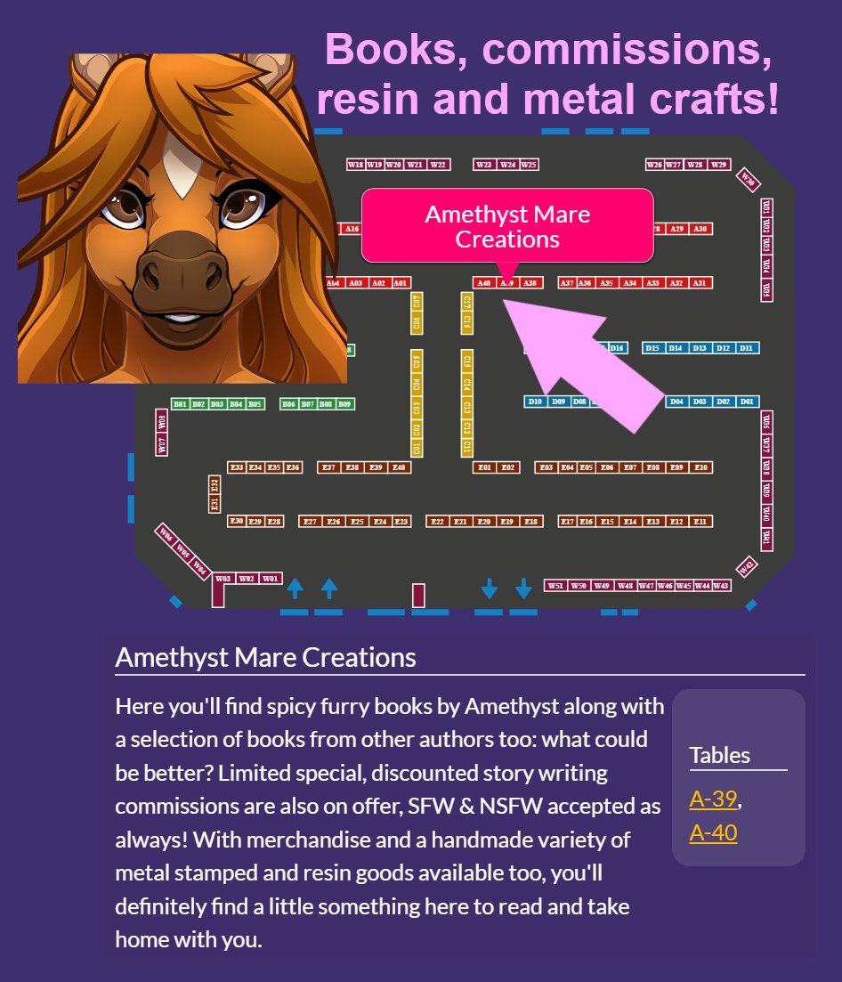 The den map is OUT and you will find me at tables A39-40 at Confuzzled this year! There will be plenty of spicy furry books, merch, resin & metal crafted goods and, of course, the limited discounted mini story commission slots! @cfzdealers @cfconvention