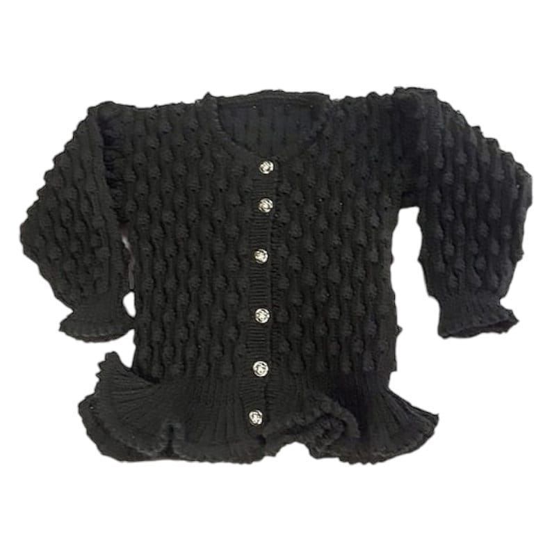 Adorable alert! Give your girl a style upgrade with this handmade knitted black peplum cardigan, fit for 24-inch chest. It's cute, cozy, and just a click away on #Etsy! etsy.me/3EB6bUW #knittingtopia #HandmadeFashion #ChildrensKnitwear #MHHSBD #craftbizparty