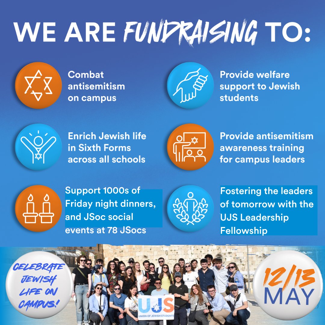 Jewish students need YOU now, more than ever. On 12/13 May join UJS in safeguarding and celebrating Jewish life on campus by getting involved in our crowd funding campaign. In the next week you can become a UJS Champion for the campaign by visiting ujs.org.uk/champions