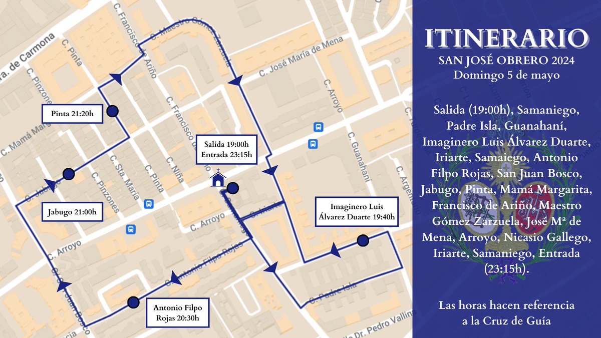 #radiotubecofrade
➡️ Recorrerá las calles de la feligresía desde las 19:00 hasta las 23:15 horas,
 con el siguiente recorrido:
🎶 El acompañamiento musical correrá a cargo de @LosGitanosSM
#SJO24 #GloriasSevilla24
#TDSCofrade #Sevilla