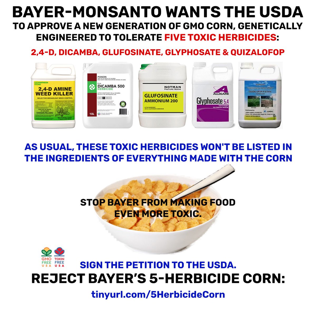 It was bad enough when Monsanto developed glyphosate-tolerant GMO corn. But now, Bayer-Monsanto wants to make four other toxic chemicals a widespread fact of life. READ more and tell the USDA to stop the madness. Reject Bayer's toxic 5-herbicide corn: tinyurl.com/5HerbicideCorn
