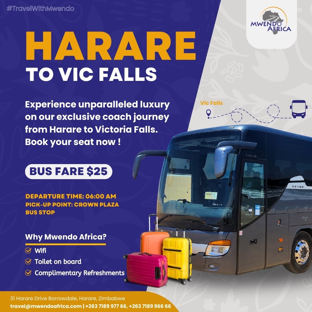 Secure your seat now for a luxurious coach ride from Harare to Victoria Falls . Limited spots available – book yours today and embark on an unforgettable adventure! #victoriafalls #VisitZimbabwe #TravelZim #TravelWithMwendo