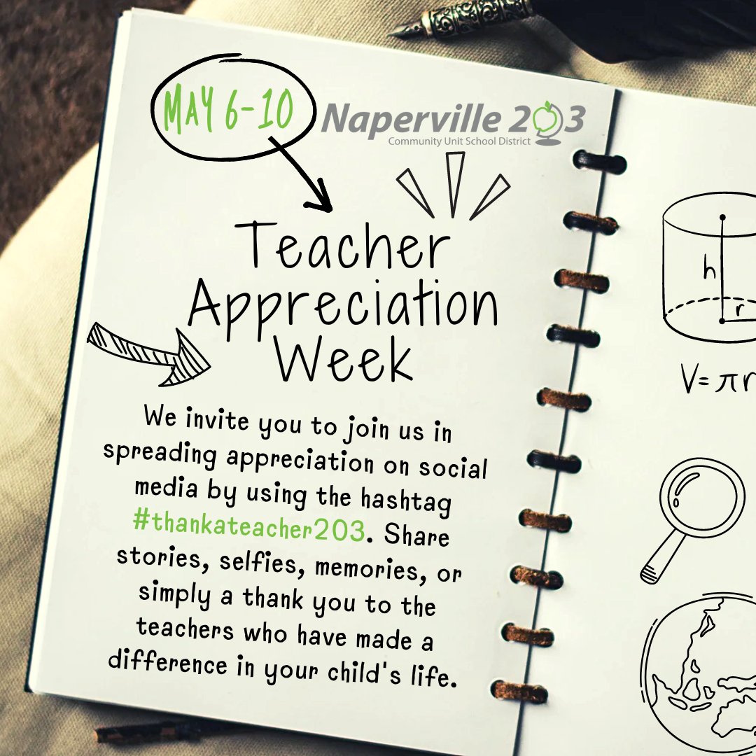 🍏Reminder: May 6-10, is Teacher Appreciation Week and we are asking for help celebrating all the amazing Naperville 203 teachers! Join us in spreading appreciation on social media by using the hashtag #thankateacher203. Share stories or simply a thank you. #Elevate203
