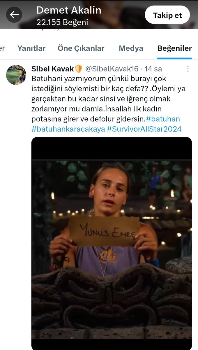 Hadi tweeti atan mal onu anladık peki ya beğenen? Kızın kötü bir şey demediğini göremeyecek kadar mı kötü niyetli? Bu kız iyiki demet akalın geldi onun sayesinde sabaha kadar eğlendik keşke hiç bitmeseydi dedik diye seni överken elin nasıl gitti de beğendin?

#SurvivorAllStar2024