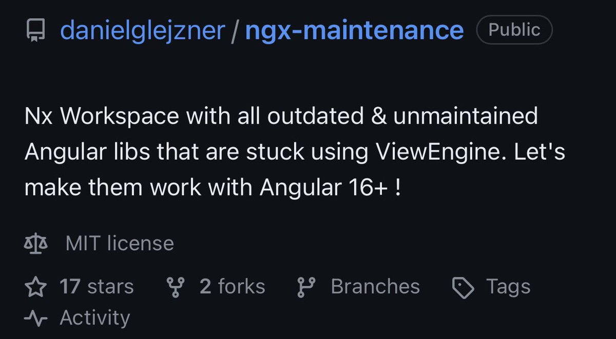 I want to help you upgrade to 
Angular 16+ 

#angular 

With <a href="/JordanHall_dev/">Jordan Upton</a> we have started ngx-maintenance.

We are taking requests for libs that block you from upgrading due to NGCC removal.

Add your requests in the issues so we can fork and upgrade libs :)

Link in comments