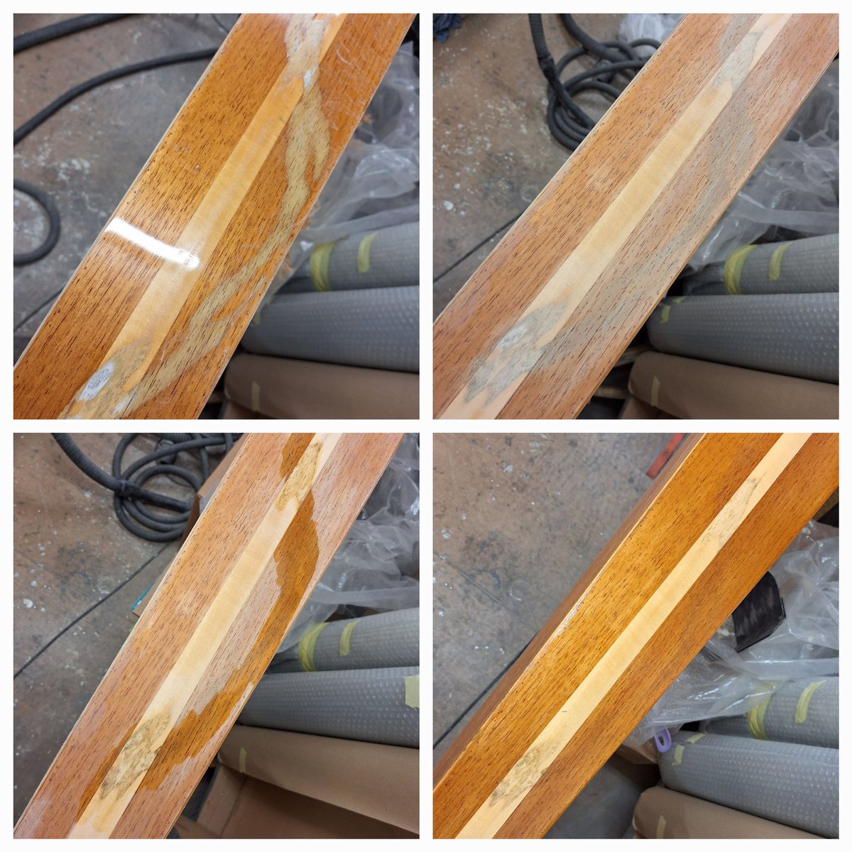 When trying to repair water damage it is rare to be able to make it perfect, but this is a huge improvement. Strip old varnish, sand, wood bleach, new coating