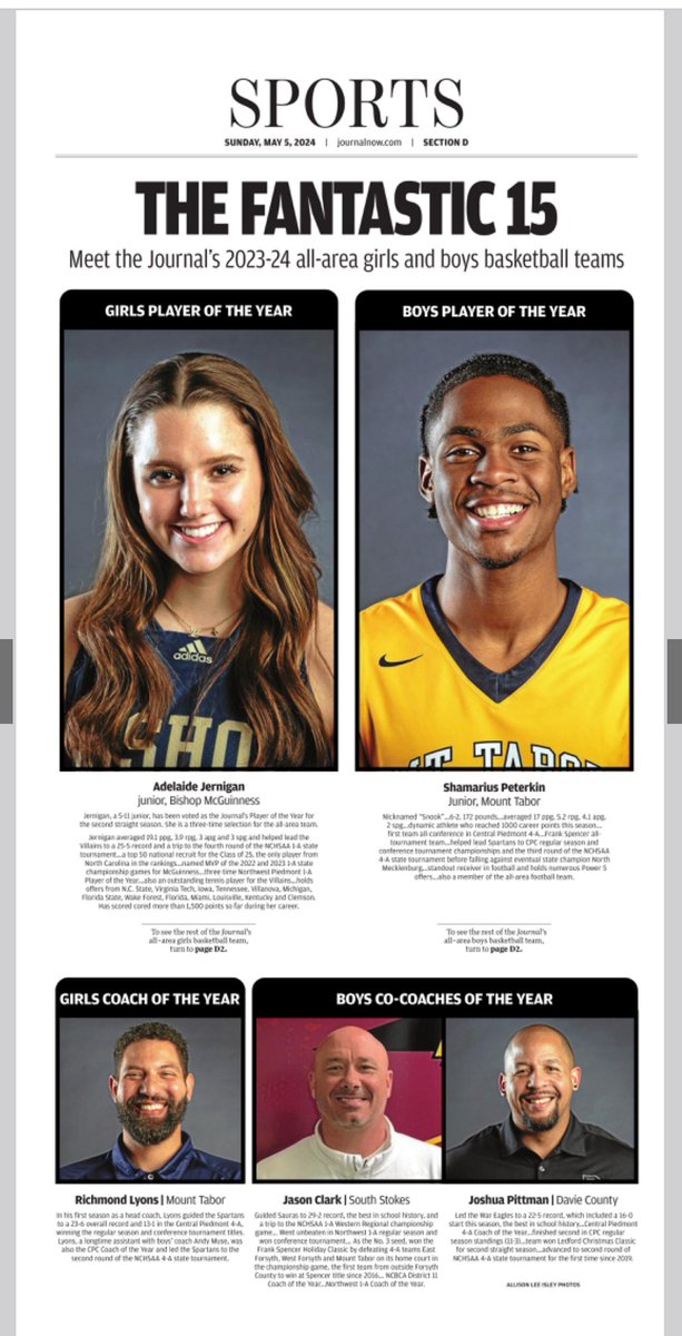 A lot of basketball talent in the Winston-Salem area. Congrats to @adelaidej2025 and @ShamariusP for being selected as the @JournalNow Players of the Year and to @Taborgirlsbball Richmond Lyons @jpittman1976 and Jason Clark @south_stokes for being selected as Coaches of the Year