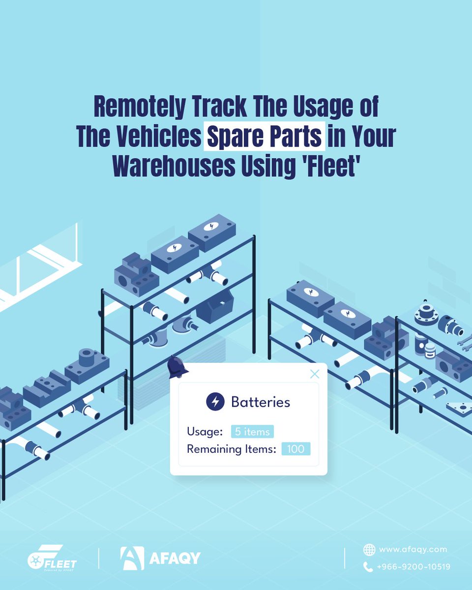 The digital solution 'Fleet Management System' from AFAQY will enable you to remotely track the usage of your vehicle's spare parts and the number of the remaining items in your warehouses. 🚙

🌐 afaqy.com

#IoT #FleetManagement #FleetManagementSystem