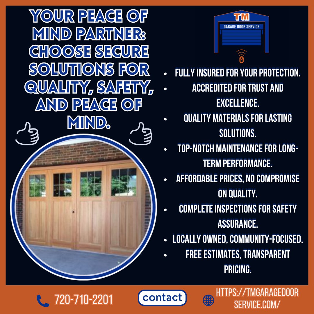 🚪✨Discover peace of mind with T&M Garage Doors Service LLC!

🛠️Fully insured and accredited, we prioritize your safety and satisfaction.

#SecureSolutions #GarageDoors #SafetyFirst #GarageGoals #Craftsmanship #CustomerFirst #GarageDoorRepair #WestminsterCO #SwiftSolution

1/2