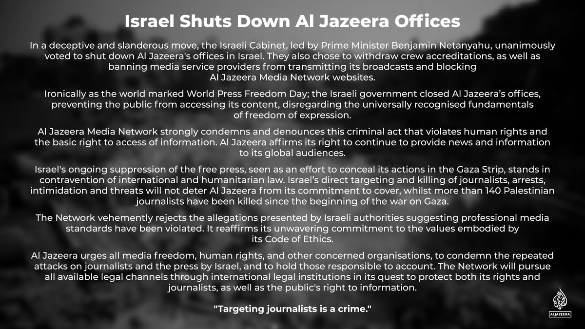 AJENews's tweet image. Israel shuts down Al Jazeera offices.