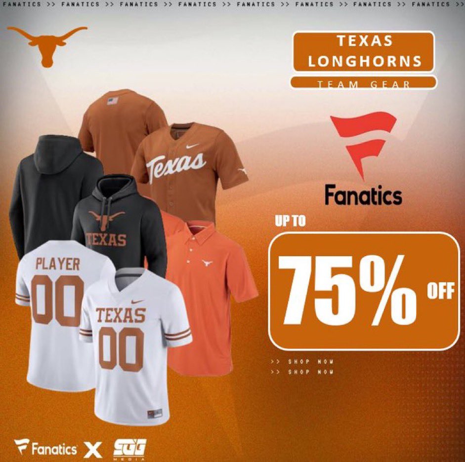 TEXAS LONGHORNS CINCO DE MAYO SALE @Fanatics 🏆 LONGHORNS FANS‼️ Take advantage of Fanatics latest offer and get up to 75% OFF Texas gear using THIS PROMO LINK: fanatics.93n6tx.net/HOOKEMDEAL 📈 DISCOUNT APPLIED AT CHECKOUT 🤝