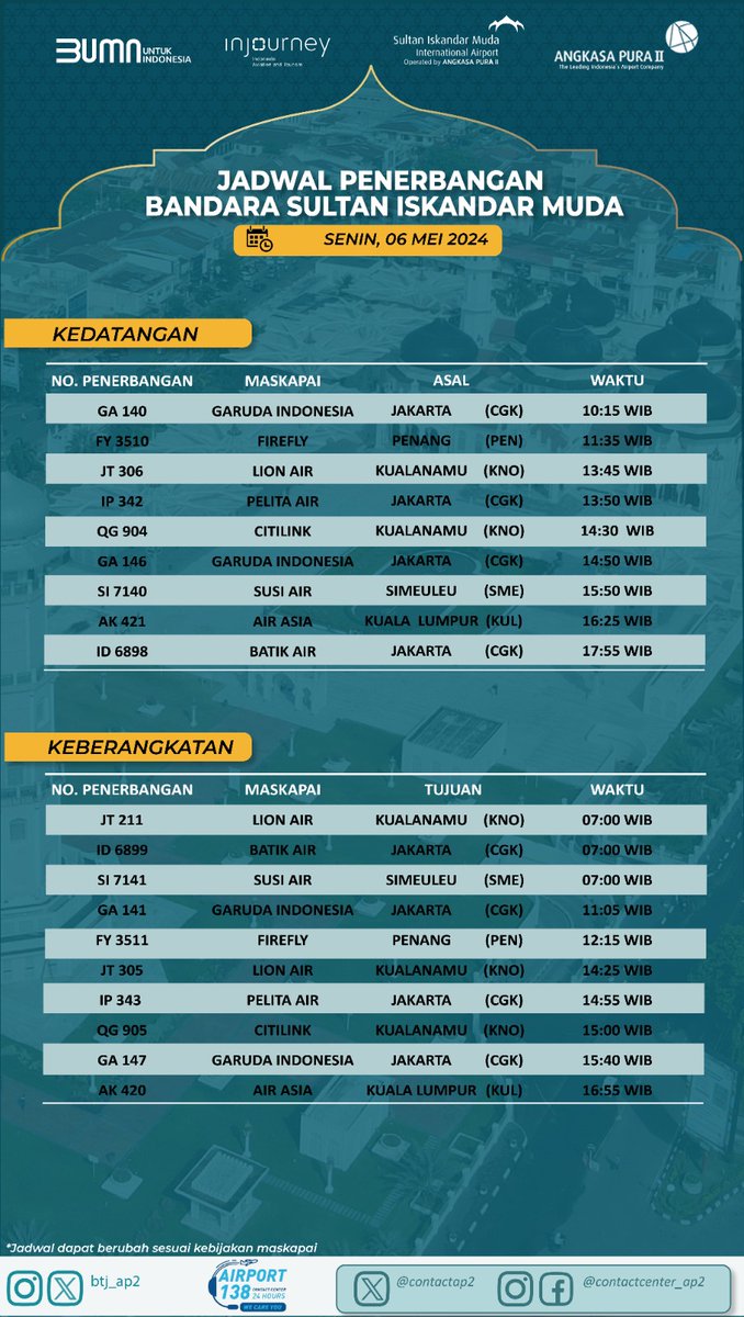 Selamat malam Sahabat BTJ!! Berikut jadwal penerbangan bandara internasional @BTJ_AP2 untuk besok Senin, 06 Mei 2024.