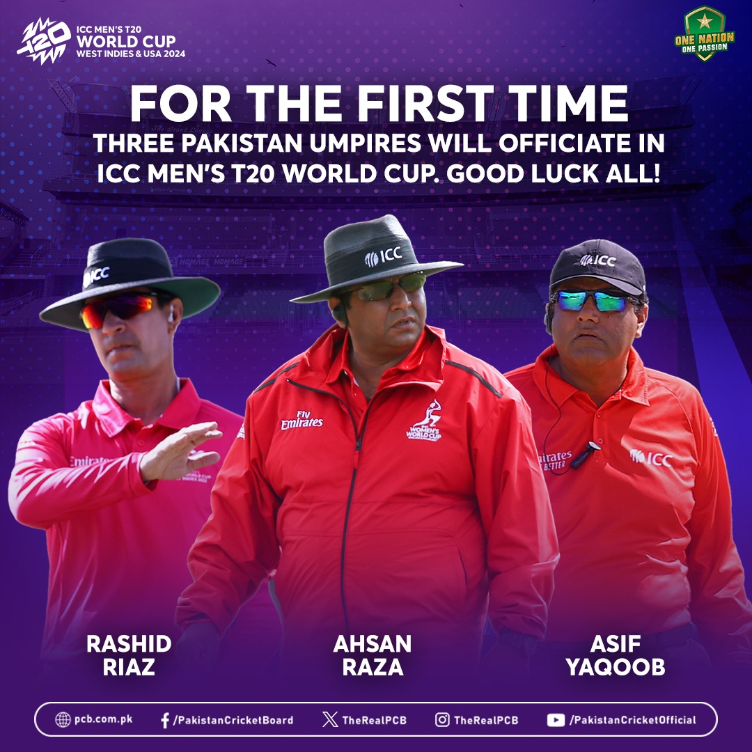 Good luck Ahsan Raza, Asif Yaqoob and Rashid Riaz for the ICC Men's #T20WorldCup 2024 assignment!