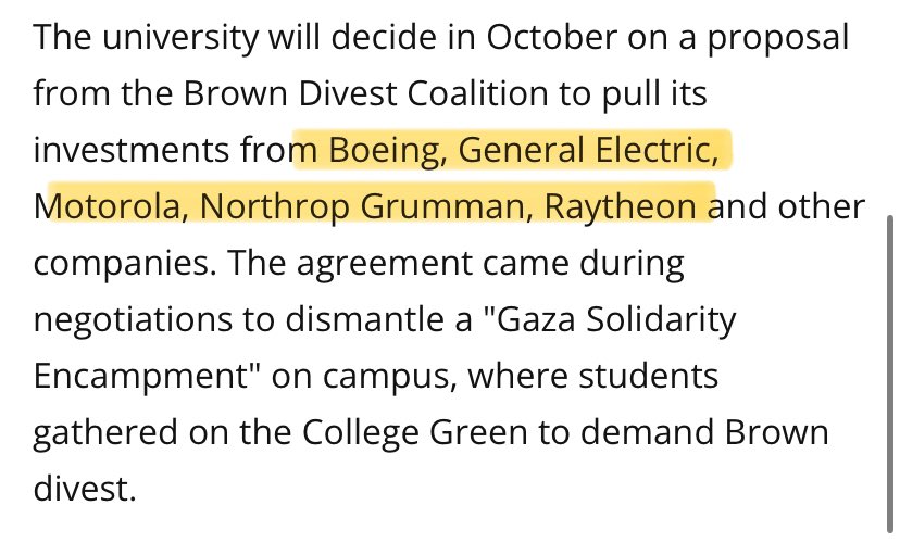 Brown University Agrees to a Vote on Divesting from Israel, Boeing, General Electric and Raytheon.

The university agreed to a vote to end the Gaza Solidarity Encampment on campus. 

Crazy how that was accomplished without dudes assaulting elderly women..