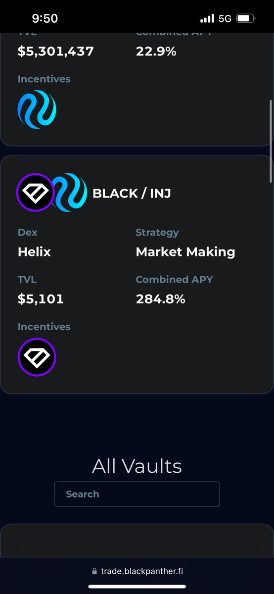 The Black Panther team has made the strategic decision to incentivize our BLACK/INJ market making vault 👀 Deposit into the vault and stake your LP tokens to earn $BLACK at a 284% APY 🤯 Get started now 👇 trade.blackpanther.fi/vault/inj10zdc…