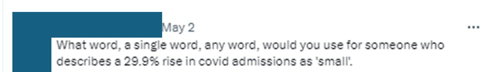 Some have been obliquely(ish) attacking me for ‘minimising’ covid, effectively saying I’m a fool for saying there was a small rise in covid admissions when the relative rise was 30%. So let me explain why I’m not that worried & why these accounts are dishonest data brokers 1/12