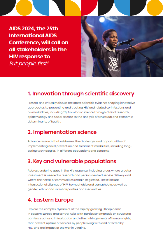 #AIDS2024 will call on all stakeholders in the #HIV response to #PutPeopleFirst! The conference objectives will focus on: 🔬 Innovation through scientific discovery 💊 Implementation science 👥 Key & vulnerable populations 🌍 Eastern Europe Learn more: aids2024.org/objectives