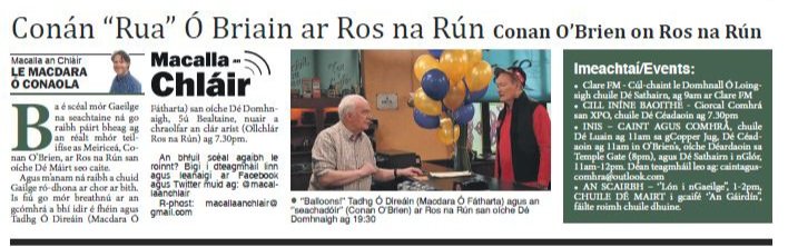 This week's edition of Macalla an Chláir in @ClareEcho 

Eagrán na seachtaine seo de mo cholún seachtainiúil 'Macalla an Chláir'.

@TG4TV @RosnaRun @ConanOBrien @TeamCoco @TG4Foghlaim 

#Gaeilge