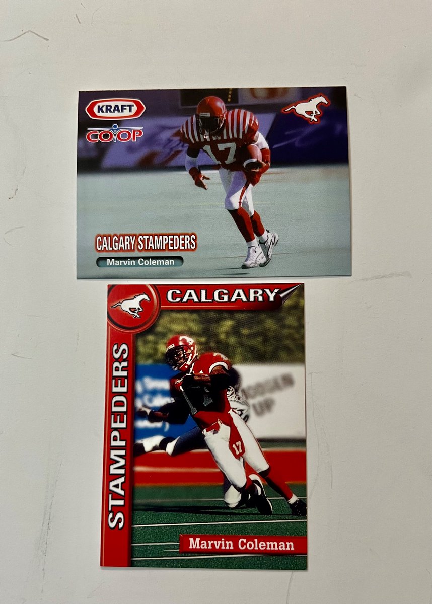 Calgary Stampeders 8-time all-star defensive back and kick returner Marvin Coleman, just named to Canadian Football Hall of Fame, wore this jersey in 1998 for 50th anniversary of Stamps’ first Grey Cup victory in 1948. He is also wearing the jersey on team-issued card in 1999.