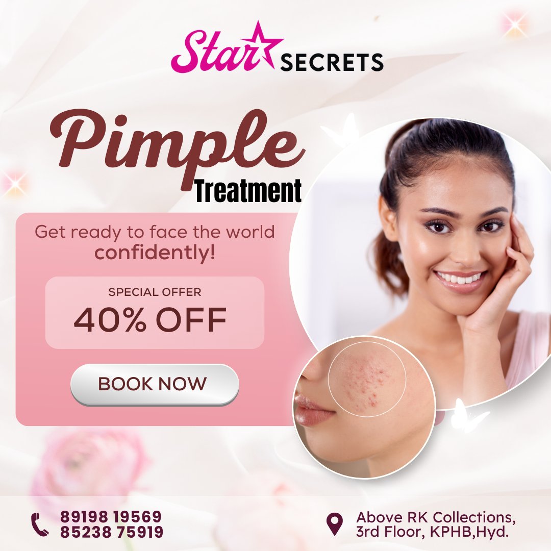 Say goodbye to pesky #pimples & hello to #confidence! 😊 With our #specialoffer, enjoy a fantastic 40%🤩 off on #treatments. Get ready to face the world confidently!👩🏻Call☎️ +918919819569 to book your appointment! ✨

#StarSecrets #SkinCare #PimpleSolution #PimpleTreatment #Glow