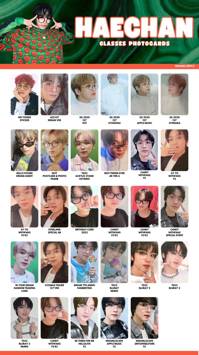 🧸HAECHAN GLASSES PCS 
엔시티 해찬 포카리스트 nct 127 nct dream wishlist pc non album

⁃ All Haechan photocards with him wearing glasses from all eras

⋆｡°✩ POB LD VC FS preorder benefit lucky draw fansign video call