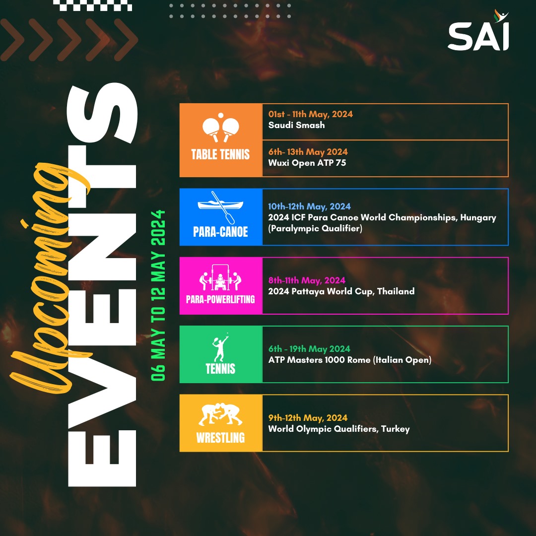 The schedule for the upcoming week is HERE!🤩

It's time for a new week filled with enthusiasm & energy🥳

Spot your favorite sporting events and chant #Cheer4India🇮🇳 with us💯

Let's make it a week filled with excitement and positivity!👏

Stay tuned!