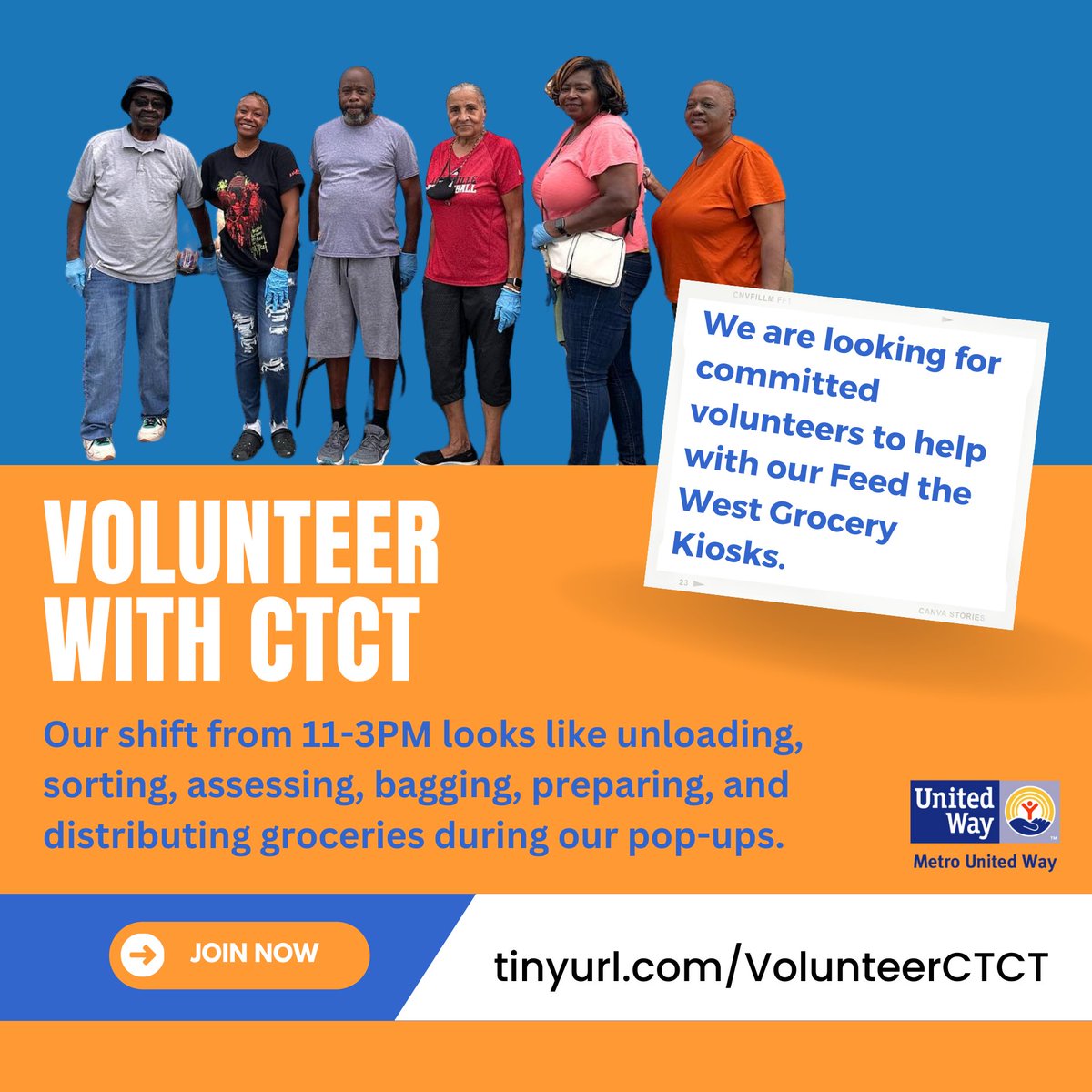 We are looking for committed volunteers to help with our Feed the West Grocery Kiosks Mon - Thurs! Our shift from 11-3PM looks like unloading, sorting, bagging, and distributing groceries during our pop-ups. Visit tinyurl.com/VolunteerCTCT to sign up!