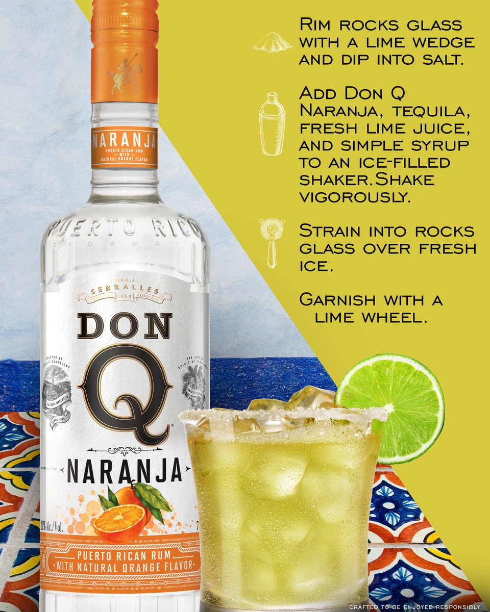 Spice up Cinco de Mayo! Turn a Margarita into a Rum-rita: 1 oz Don Q Naranja rum, 1 oz Tequila Blanco, ¾ oz lime juice, ¾ oz simple syrup, shake with ice, strain into salt-rimmed glass over ice, garnish with lime. Cheers! 🍹