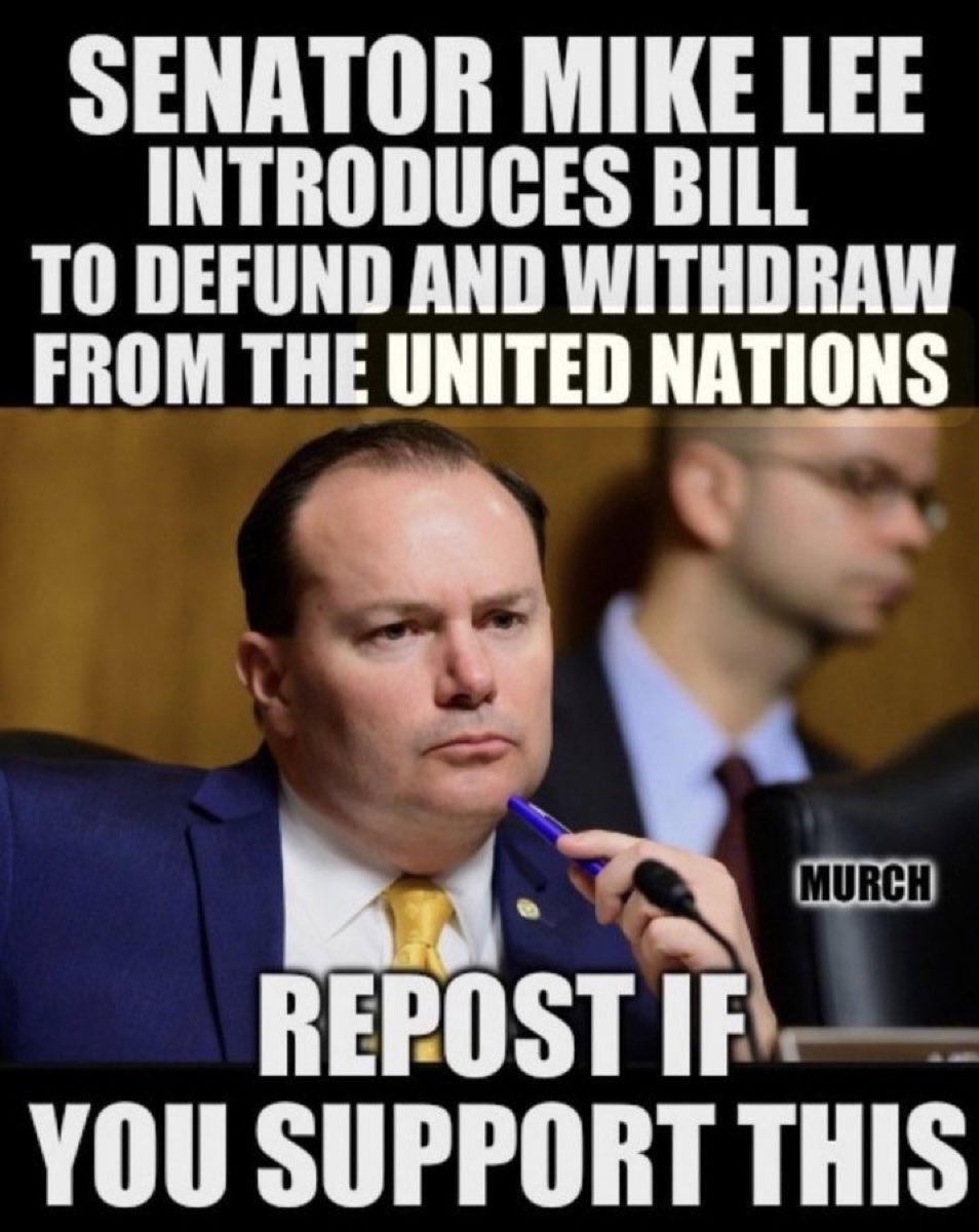 What has the UN done for America? Take our money and try to install a global government, that’s it. We don’t need them- they need us. Who supports Senator Lee’s Bill? 🙋‍♂️I do!