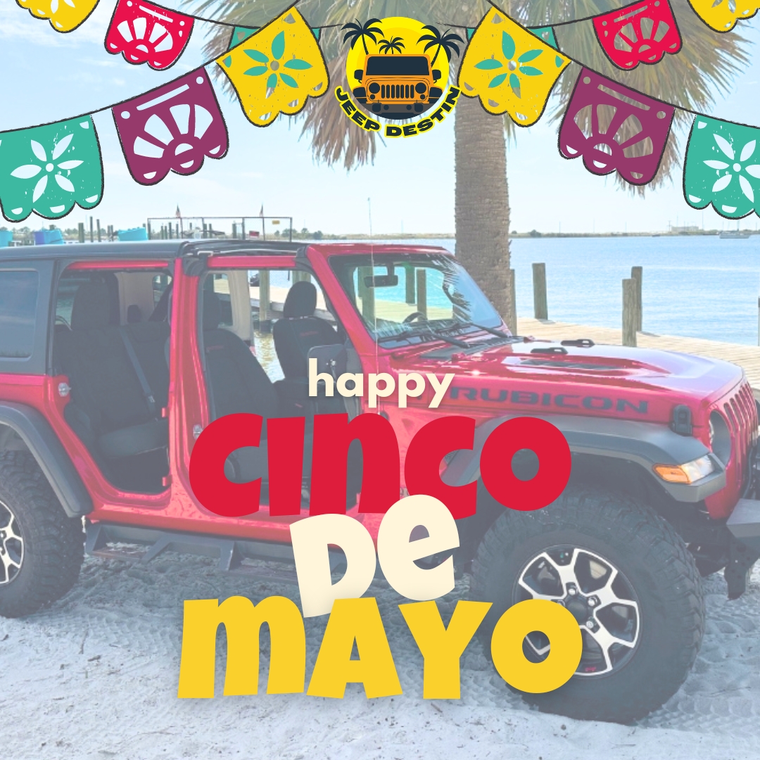 Feliz Cinco de Mayo! Celebrate the day with a scenic drive in one of our Jeeps. Adventure awaits! 🌟🚗

Book now 🌐 jeeppdestin.com

#CincoDeMayo #jeepdestin #jeeprentals #carrentals #jeeplife #destin #crabisland