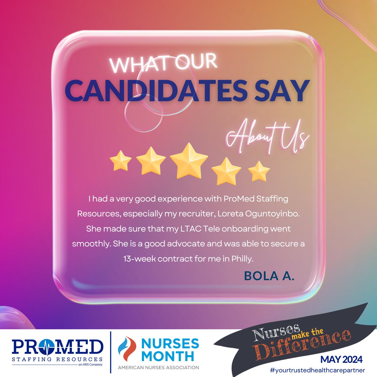 Thank you for sharing your positive experience with Loreta Oguntoyinbo and ProMed Staffing Resources! Your feedback is greatly appreciated!

#googlereview #clientsatisfaction #candidatesatisfaction #weareheretohelp #bestreviews #fivestarsreview #greatplacetowork #GPTW #promedsr