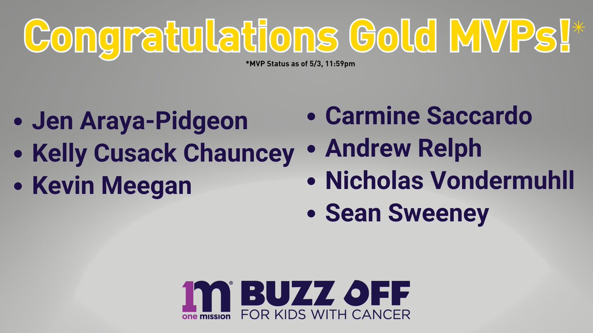 We’d like to give a special shout-out to all our MVP Buzzees who never cease to amaze us year after year! ☺️ 

Congratulations on your incredible fundraising efforts and THANK YOU! 💜🎗 

#onemission #buzzoff #mvp #whateverittakes #kidsfightingcancer