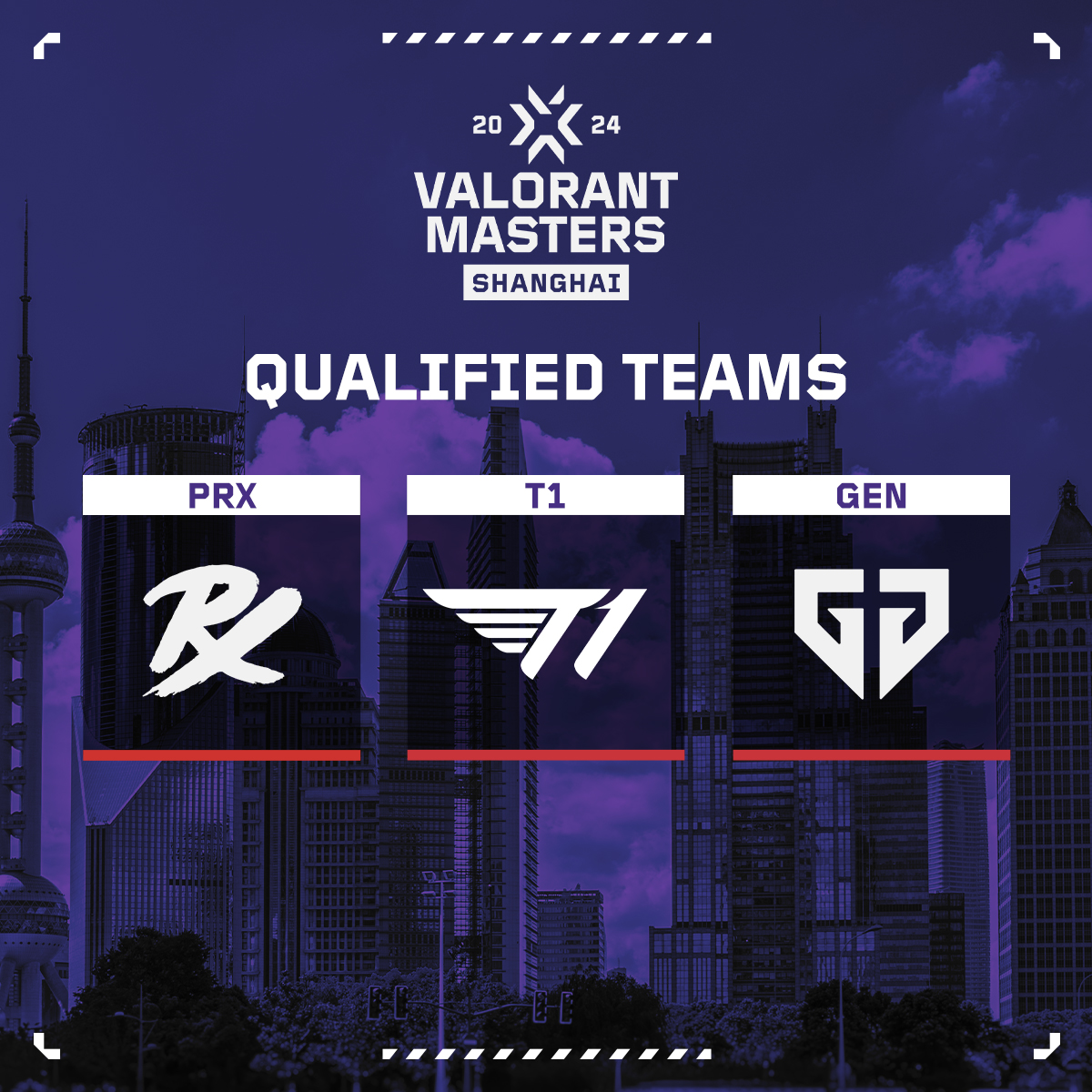 Ready to take on the challenge in #VALORANTMasters Shanghai! #VCTPacific is proud to be represented by @pprxteam, @T1, and @geng_gold!