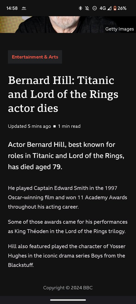 BBC News absolutely smashing it yet again, Bernard Hill was a phenomenal actor but I'm fairly certain he didn't win 11 Oscars, absolutely basic stuff #RIP